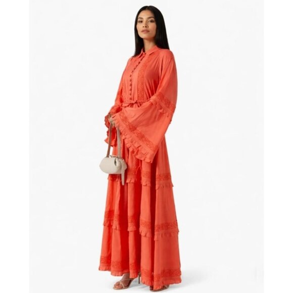 NWT Joslin Coral Oversized Bohemian Bell Sleeve Tiered Ruffle Maxi Dress
